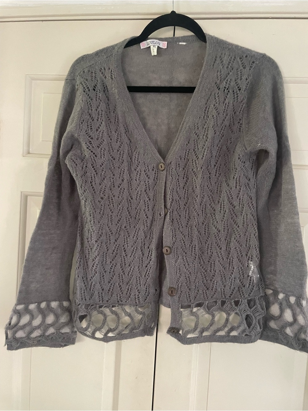 Gray Lace-Detail V-Neck Cardigan